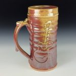 Big Handmade Stoneware Coffee Mug: Iron Red with White Ash Glaze, Guitar Slip Wiggle Pottery Tea Mug - item 3726