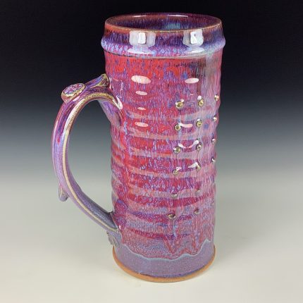 Large Handmade Stoneware Coffee Mug: Purple Red Glaze, Slip Dotted Wiggle Bump Pottery Tea Mug - item 3721