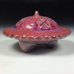 Handmade stoneware art abstract ceramic sculptures pottery decoration UFO - Red wheel thrown enclosed form altered sculpture - item 3822