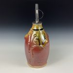 Handmade Ceramic Olive Oil Dispenser: Iron Red with White Ash Glaze, Bamboo Slip-Trail Bump Stoneware Cruet - item 3746 - Image 2