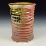 Handmade Stoneware Utensil Holder: Iron Red with White Ash Glaze Wiggle Bump Pottery Vase - item 3812