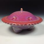 Handmade stoneware art abstract ceramic sculptures pottery decoration UFO - Red wheel thrown enclosed form altered sculpture - item 3820