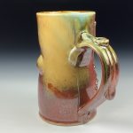 Handmade Stoneware Coffee Mug: Iron Red with White Ash Glaze, Twisted, Bamboo Slip Bump - item 3768 - Image 2