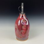 Handmade Ceramic Olive Oil Dispenser: Purple Red Glazed with Slip-Dotted Indented Stoneware Cruet - item 3751