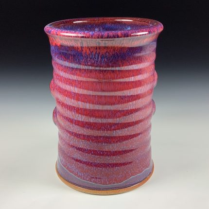 Handmade Stoneware Utensil Holder: Red Glaze Bump Pottery Vase - item 3836