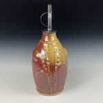 Handmade Ceramic Olive Oil Dispenser: Iron Red with White Ash Glaze, Bamboo Slip-Trail Bump Stoneware Cruet - item 3746
