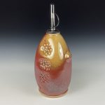Handmade Ceramic Olive Oil Dispenser: Iron Red with White Ash Glaze, Slip-Dotted Bump Stoneware Cruet  - item 3733