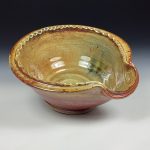 Handmade Ceramic Stoneware Spiral Deep Spoon Rest - Iron Red with White Ash Glaze with Dotted Rim - item 3874