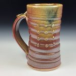 Handmade Ceramic Coffee Mug: Iron Red with White Ash Glazed, Slip Dotted, Wiggle, Bump Stoneware Pottery - Item 3793