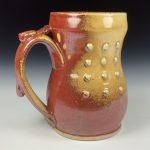 Handmade Stoneware Coffee Mug: Iron Red with White Ash Glaze, Slip Dotted, Bump Pottery Tea Mug - item 3638