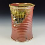 Handmade Stoneware Utensil Holder: Iron Red with White Ash Glaze Wiggle Bump Pottery Vase - item 3813