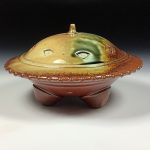 Handmade stoneware art abstract ceramic sculptures pottery decoration UFO - Red wheel thrown enclosed form altered sculpture - item 3823