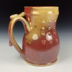 Handmade Stoneware Coffee Mug: Iron Red with White Ash Glaze, Slip-Dotted Bump Pottery Tea Mug- item 3640