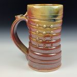 Handmade Stoneware Coffee Mug: Iron Red with White Ash Glaze, Slip Dotted Bump Wiggle Pottery Tea Mug - item 3795