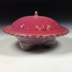 Handmade stoneware art abstract ceramic sculptures pottery decoration UFO - Red wheel thrown enclosed form altered sculpture - item 3821