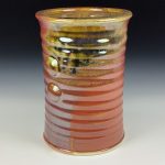Handmade Stoneware Utensil Holder: Iron Red with White Ash Glaze Wiggle Bump Pottery Vase - item 3814