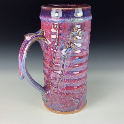 Large Handmade Stoneware Coffee Mug: Purple Red Glaze, Bamboo Slip Trail Wiggle Bump - item 3713