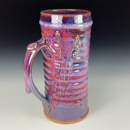 Large Handmade Stoneware Coffee Mug: Purple Red Glaze, Bamboo Slip Trail Wiggle Bump - item 3715
