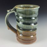 Handmade Stoneware Coffee Mug: Green and Amber Glaze, Wiggle - Item 1775