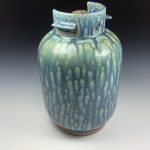 Handmade stoneware art abstract ceramic sculptures pottery decoration propane tank coin jar - Large ash blue green - item 581 - Image 3