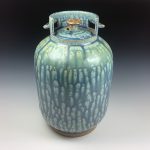 Handmade stoneware art abstract ceramic sculptures pottery decoration propane tank coin jar - Large ash blue green - item 581
