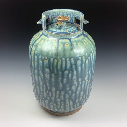 Handmade stoneware art abstract ceramic sculptures pottery decoration propane tank coin jar - Large ash blue green - item 581