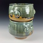Handmade dinner sets ceramic stoneware pottery dinnerware set of two bowls - Green amber ash bump stacking set of two bowls