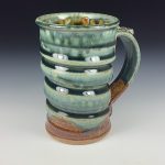 Handmade Stoneware Coffee Mug: Green and Amber Glaze, Wiggle - item 1793