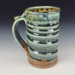 Handmade Stoneware Coffee Mug: Green and Amber Glaze, Wiggle - item 1796