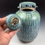 Handmade stoneware art abstract ceramic sculptures pottery decoration propane tank coin jar - Large ash blue green - item 581 - Image 4