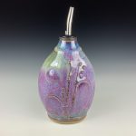 Handmade Ceramic Olive Oil Dispenser: Purple Bamboo Slip-Trail Bump Stoneware Cruet  - item 2765