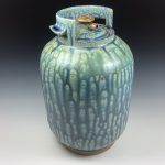 Handmade stoneware art abstract ceramic sculptures pottery decoration propane tank coin jar - Large ash blue green - item 581 - Image 2